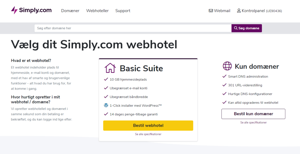 Vælg domæne hos Simply til din WordPress hjemmeside