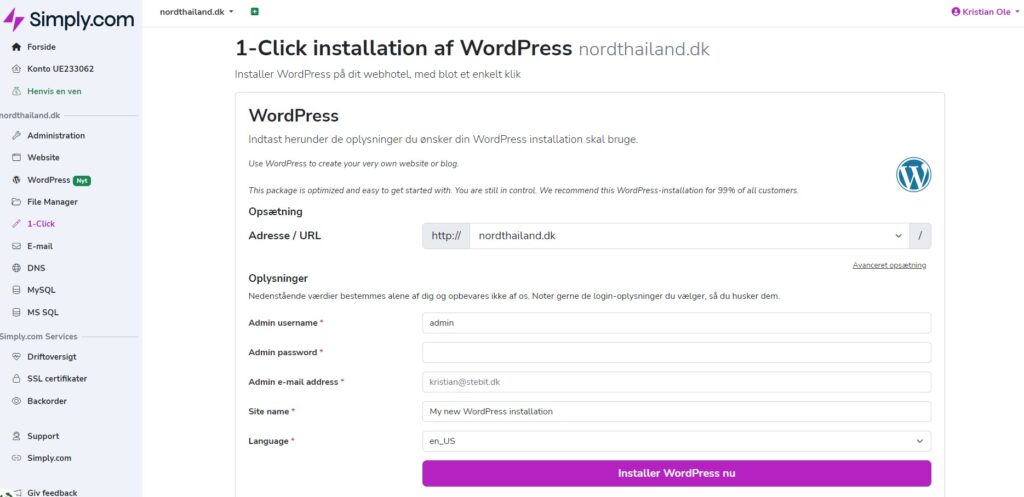 1-click install af WordPress i Simply