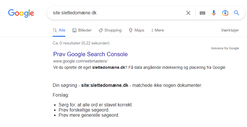 site: søgning på Google.dk med udløbne domæner