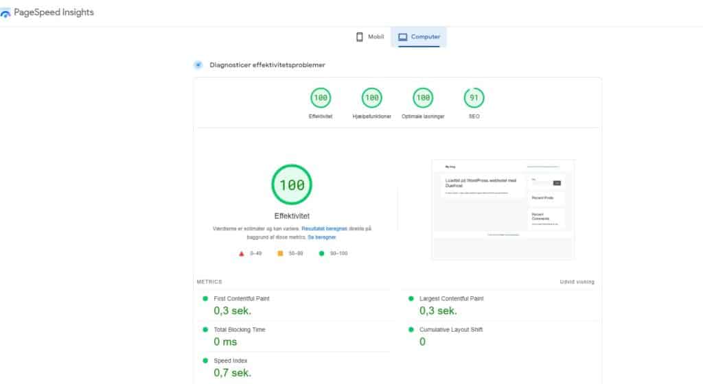 Se eksemplet her fra Duelhost, hvor jeg har kørt PageSpeed Insight.  - et af det bedste webhoteller til Wordpress