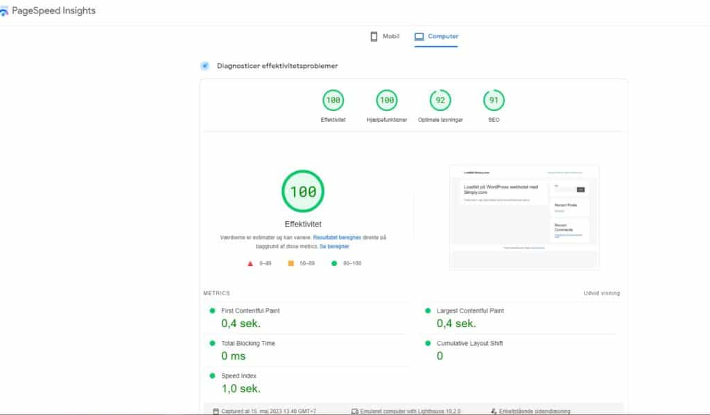 bedste wordpress webhotel - Se eksemplet her fra Simply.com, hvor jeg har kørt PageSpeed Insight. 