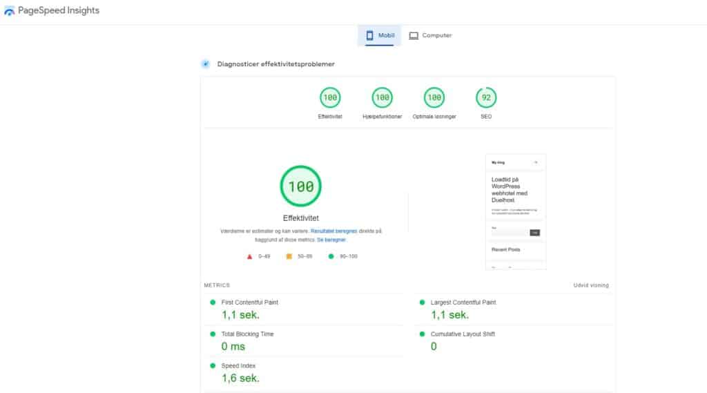 Mobil loadtid = 1,6 sek på duelhost webhotel til wordpress