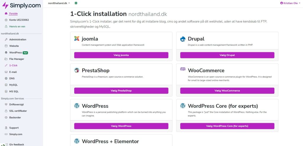 1-Click install i Simplys kontrolpanel