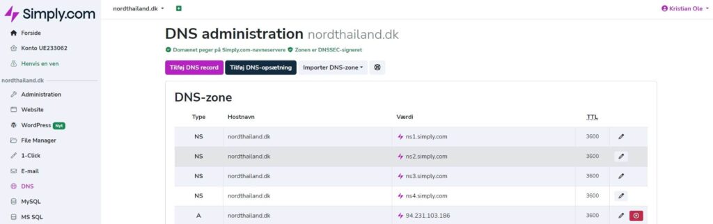 DNS styring hos Simply i deres kontrolpanel