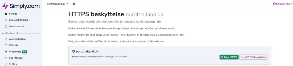 HTTPS beskyttelse - SSL - i Simply kontrolpanel