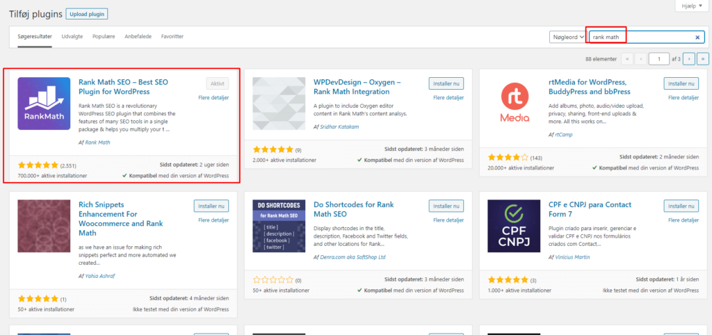 Installer SEO plugin rank math til din wordpress hjemmeside