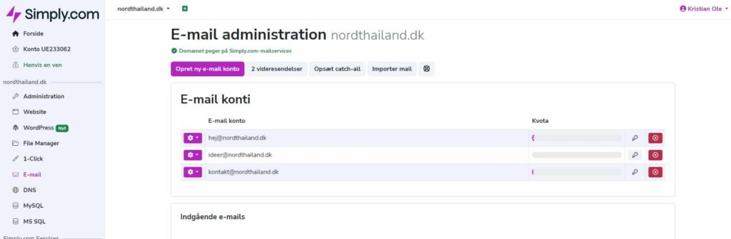 Simply E-mail opsætning i kontrolpanelet