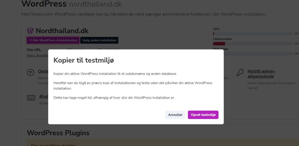 kopier til testmiljø i managed WordPress Simply