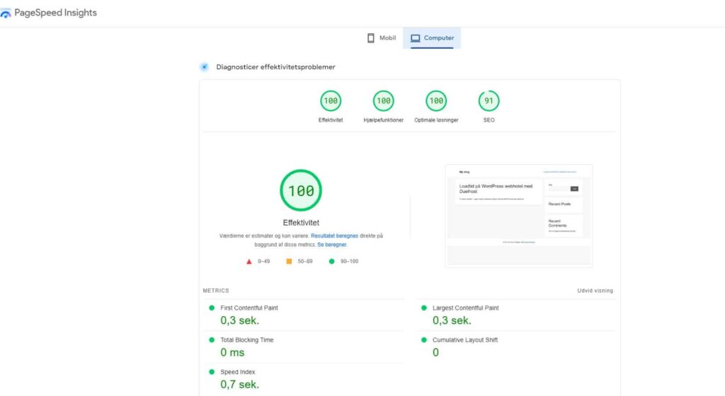 Se eksemplet her fra Duelhost, hvor jeg har kørt PageSpeed Insight.  - et af det bedste webhoteller til WordPress