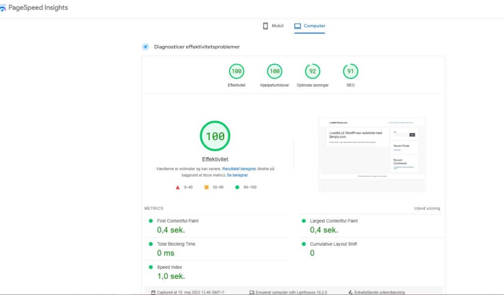 bedste wordpress webhotel - Se eksemplet her fra Simply.com, hvor jeg har kørt PageSpeed Insight. 