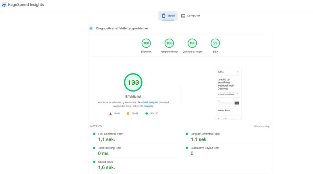 Mobil loadtid = 1,6 sek på duelhost webhotel til wordpress