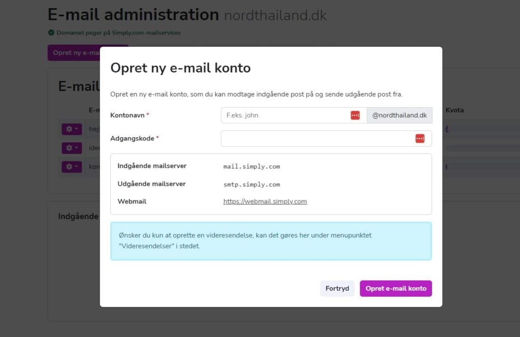 opret ny e-mail konto hos Simply