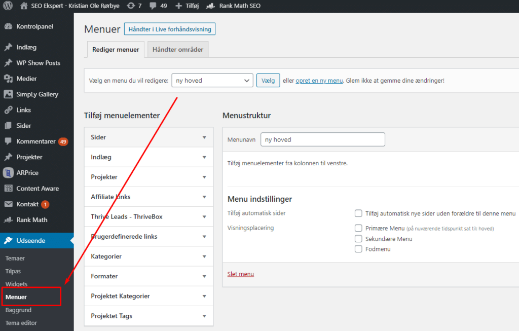 opsaet menu i wordpress hjemmeside