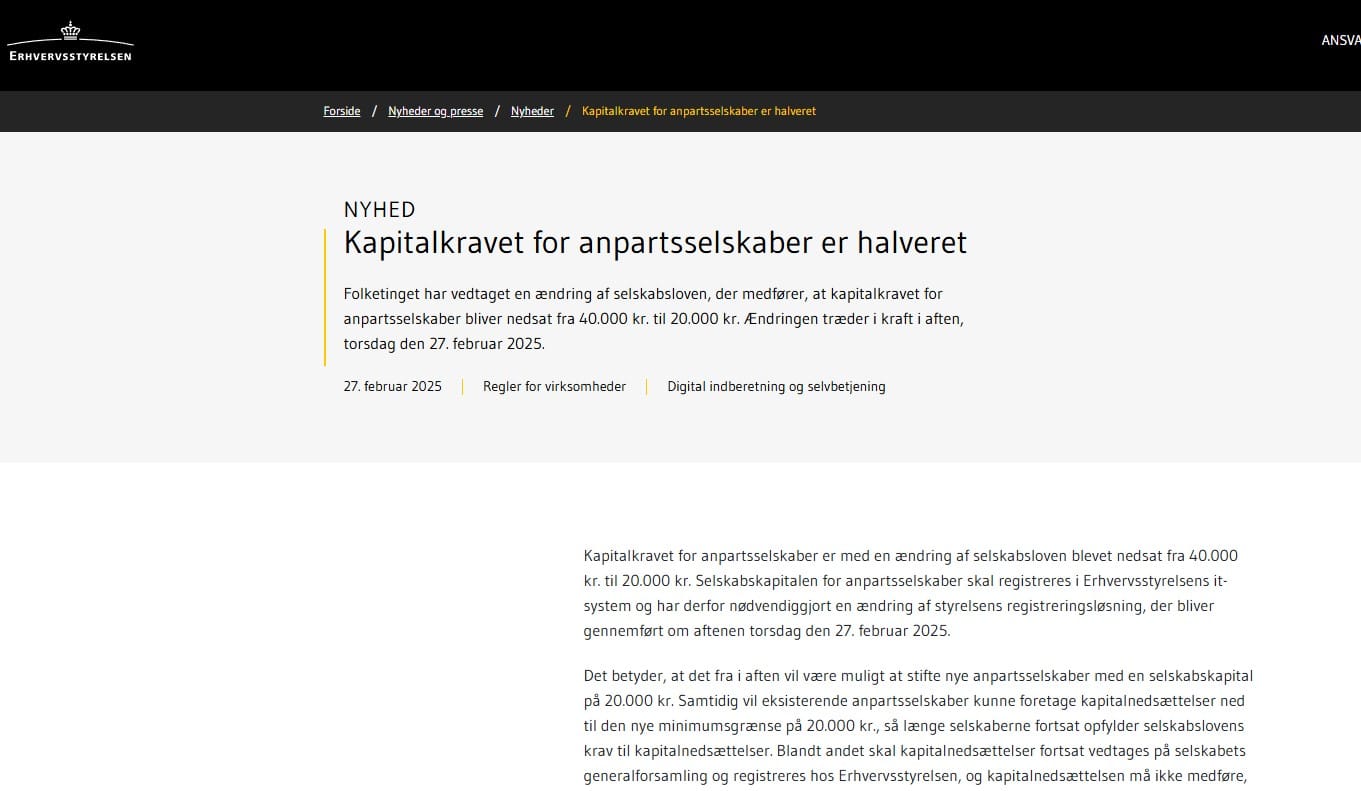 halveret kapitalkrav ehvervsstyrelsen